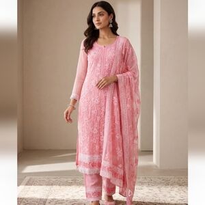 Pink Floral Indian Suit with Lace & Sheer Sleeves- XS New